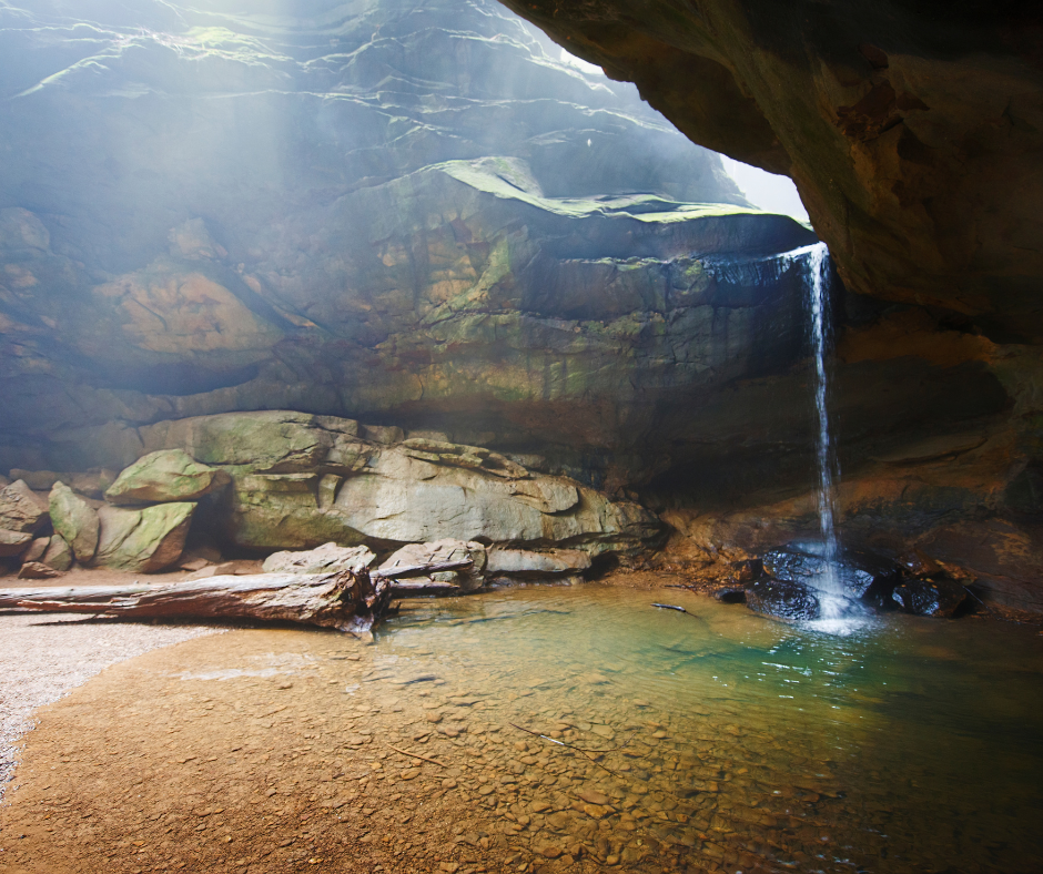 A waterfall drips into a small cave at Conkles Hollow Nature Preserve