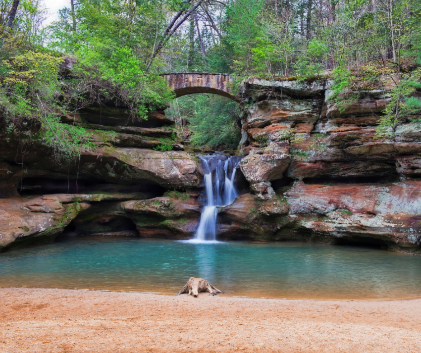 Waterfall flowing down the rocks at Old Mans Cave